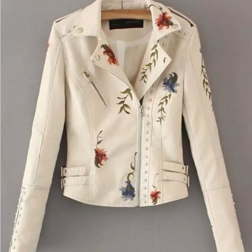 #115 FLORAL EMBROIDERED  Leather Jacket